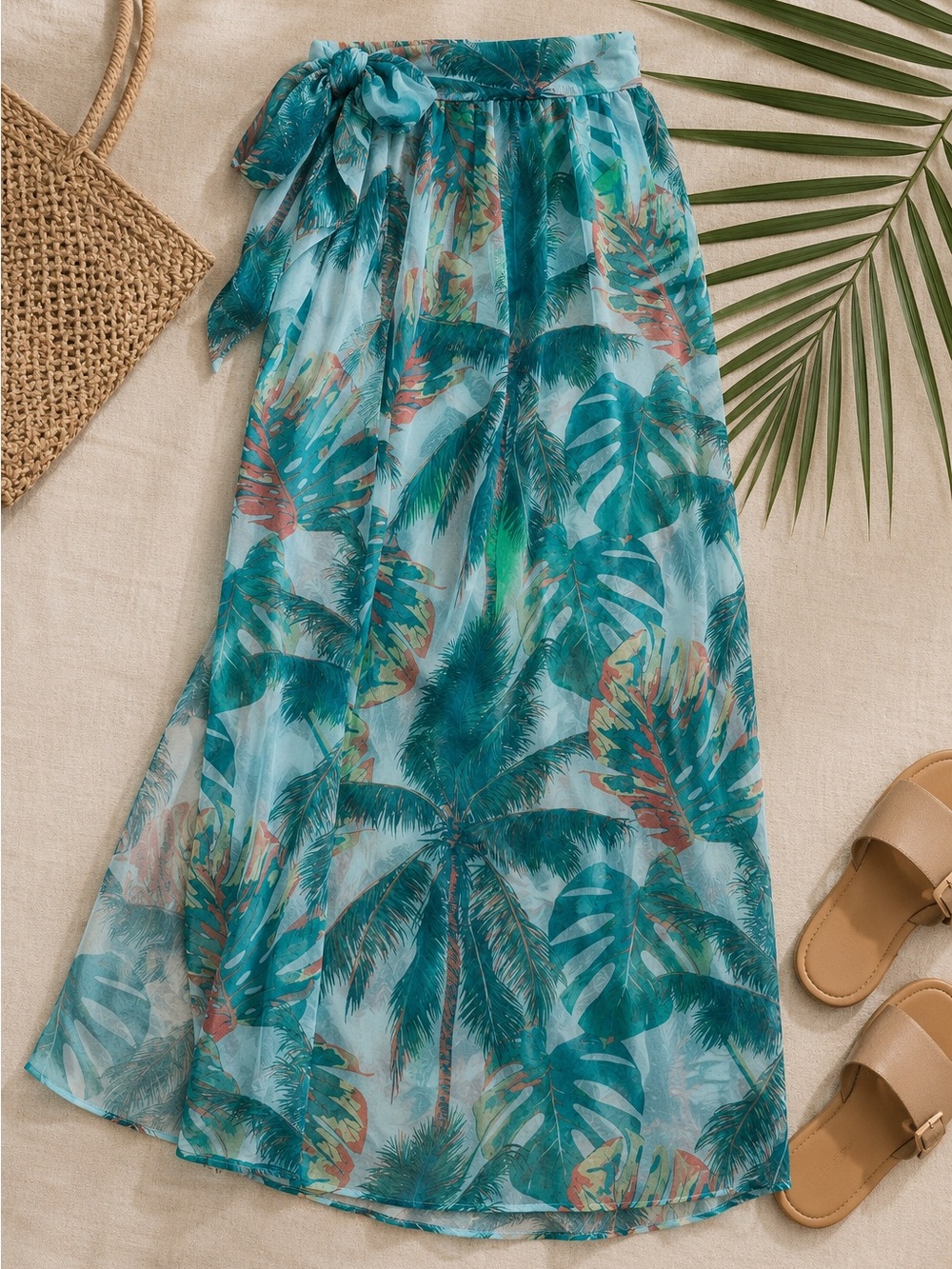 Tropical Palm Print Sheer Swim Cover Up Wrap Sarong Maxi Beach Coverup
